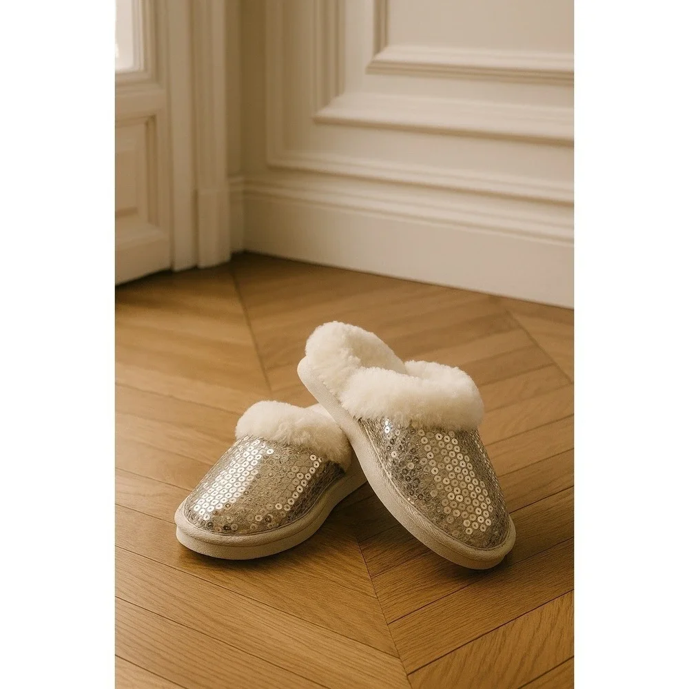 Kids Silver Sequin‎ Slippers Fuzzy Cozy House Shoes Sparkly Girls